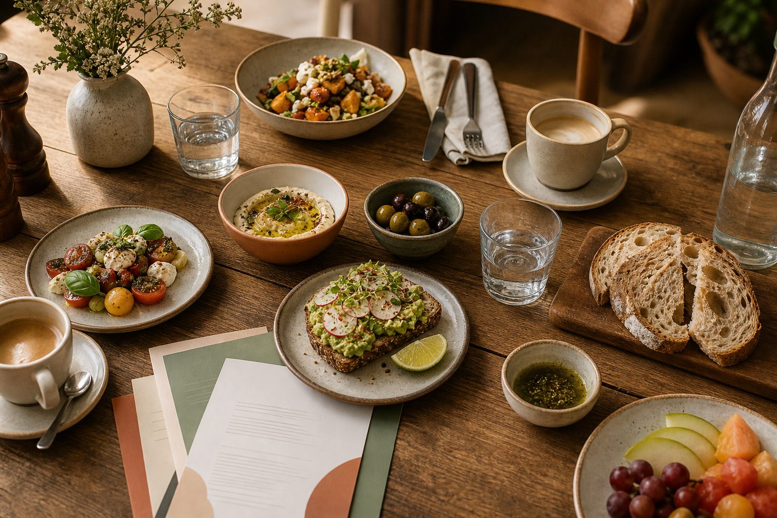 Houten tafel met avocado op brood, hummus, olijven, tomatensalade en vers brood