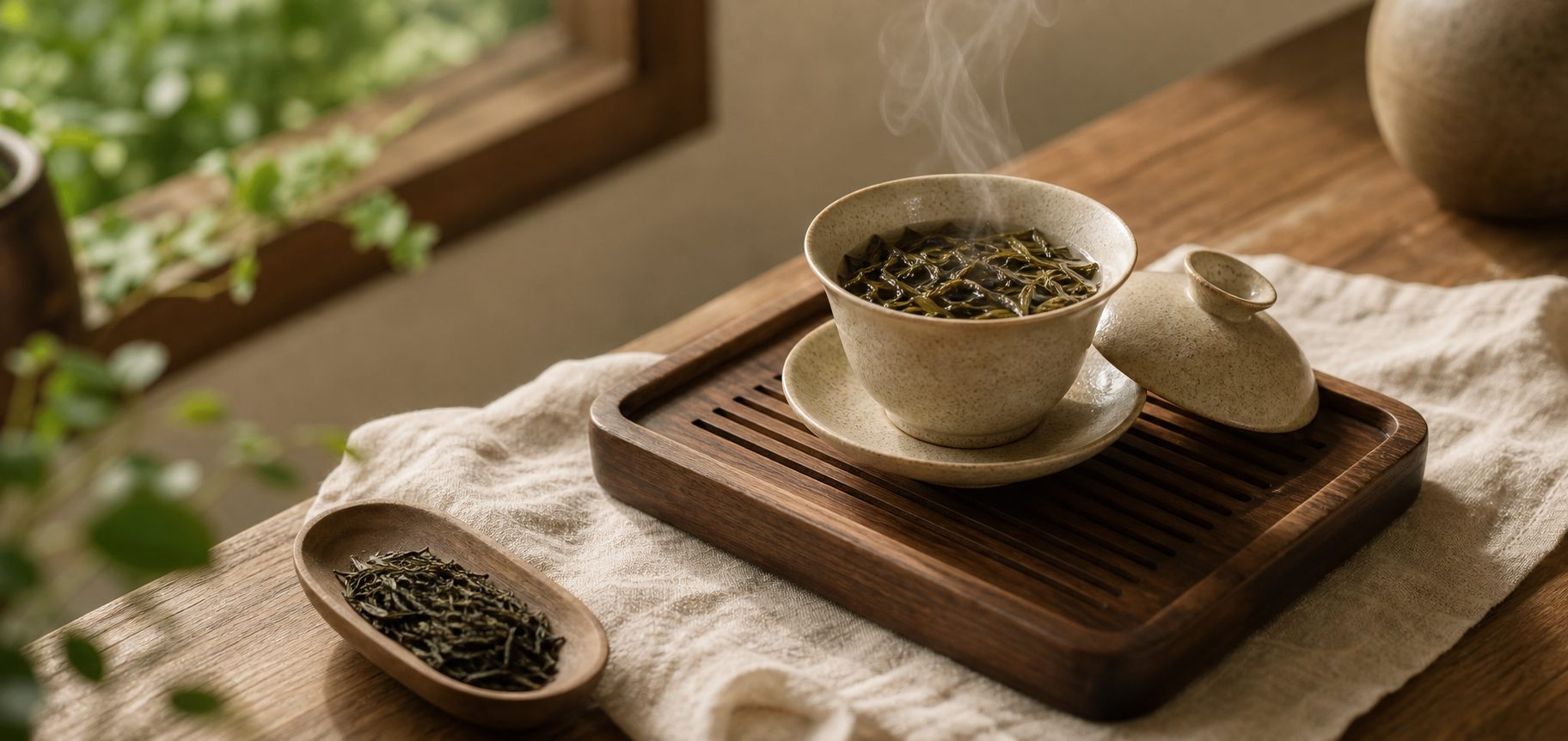 Dampende thee in een gaiwan op een houten theeblad